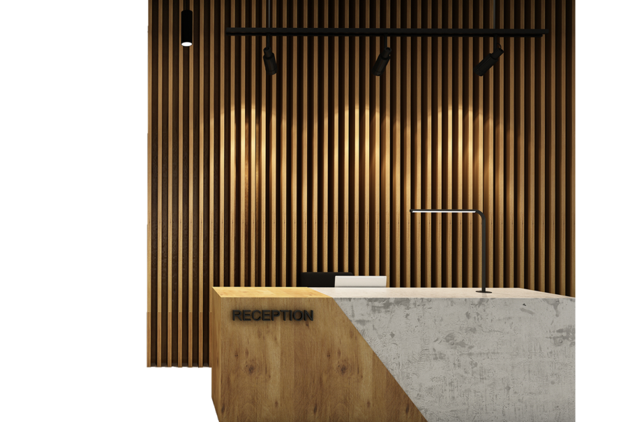 Moderner Empfangsbereich eines Hotels mit Holz- und Steintresen